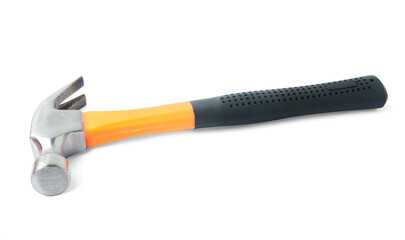 Close Up orange iron hammer with medium black rubber grip. It is a tool for nailing the roof. Isolated on white background. with clipping path.