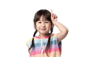 Portrait of Asian beautiful young girl pointing up one hand with finger on upper side with smile face. The pretty girl stand and looking at camera in studio. Advertisement and presentation concept.