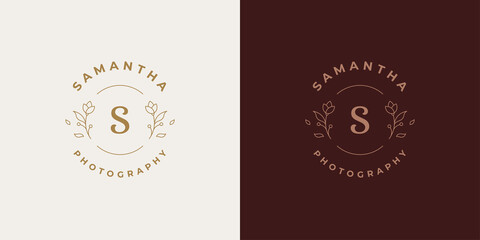 Elegant flowers and leaves logo template linear vector illustration