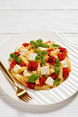 baked feta cheese fusilli pasta, top view