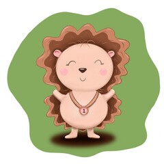 Happy hedgehog with a medal on a green background.