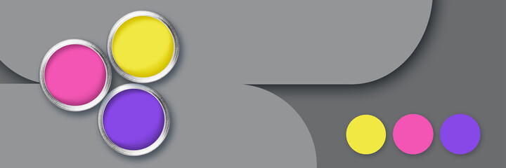 Web banner with three cans with colored paint on gray background. Paper cut in the background with shadows.