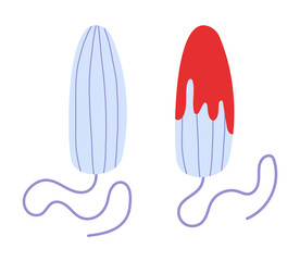 Hygienic cotton swab. Female menstruation theme and concept. Environmental protection for women on critical days. Hand-drawn cartoon style. Vector illustration on isolated white background.