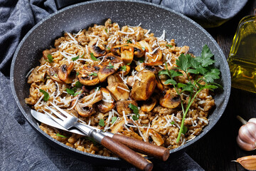 classic creamy mushroom risotto in a pan