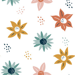 Fototapeta na wymiar Abstract seamless pattern with flowers and leaves, hand drawn background. collection floral pattern. For notebooks, planners, brochures, books, catalogs. Spring, summer romantic blossom flower garden.