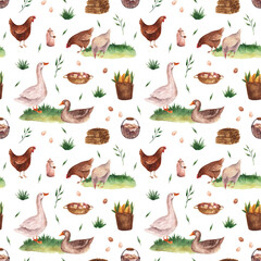 Watercolor pattern with chickens and geese