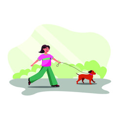 Woman walking with dog in the park, vector flat illustration. Vector illustration