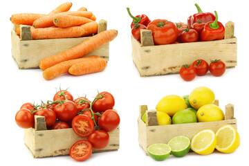 Fresh cooking vegetables in a wooden crate on a white background