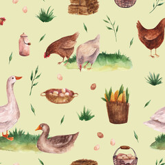 Watercolor pattern with chickens and geese