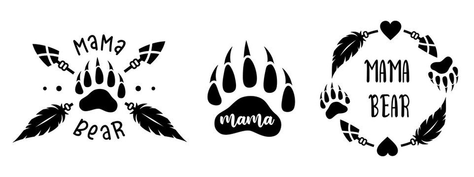 Frame silhouette with prints of bear paws and arrows in tribal style. Indian round frames with place for text. Mama bear design.