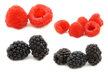 bunch of blackberries and raspberries  on a white background