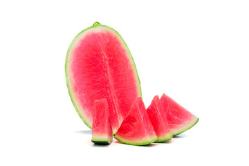 Watermelon cut into pieces The red meat has a sweet and juicy taste. Put on a white background