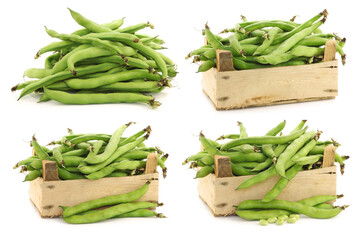 Bunch of broad beans in a wooden box on a white background