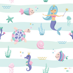 Mermaid seamless pattern background. Cute cartoon sea life characters. Vector