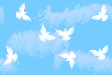 Fototapeta na wymiar several white doves in the cloudy sky, seamless pattern