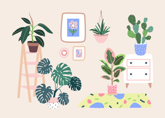 Living room decor. Home plants in flowerpot. Houseplants isolated. Trendy hugge style, vintage urban jungle. Hand drawn. Set collection. Green, pink, yellow, beige, blue colors. Print, poster, banner.