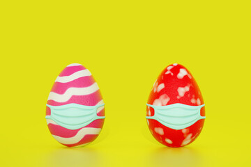 3d rendering easter egg wearing a face mask for protection covid-19 coronavirus pandemic, isolated on yellow studio background.