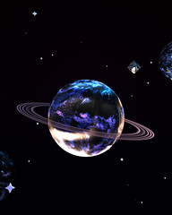 Abstract metallic outer space planet close up. 3d rendering picture.