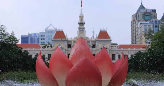 A fountain at the downtown at Nguyen Hue street in Ho Chi Minh long shot
