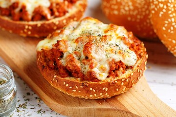 Freshly baked homemade mini pizza made of minced meat (beef, pork, chicken, turkey) with onions, garlic, tomatoes, mozzarella cheese and dry thyme on sesame buns. Rustic style. Selective Focus