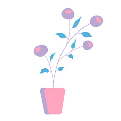 Flat vector icon of indoor plant with small green leaves and violet flowers in pink pot isolated on white background