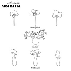 Set of australian tree, baobab, bottle tree, cypress hand drawn vector isolated on white, Flat cartoon forest icon, decorative outline sign, line art for design travel infographic, pattern, poster