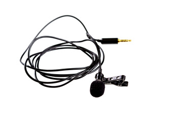 Small lavalier microphone or lapel mic with clip on white background.
