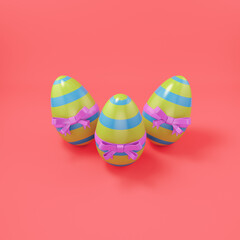 Easter eggs with bow on bright red background
