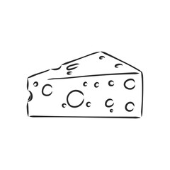 Hand drawn piece of Swiss cheese, sketch style vector illustration isolated on white background. Realistic hand drawing of an triangle chunk of fresh cheese with big holes