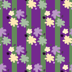 Botanical seamless pattern with doodle flower silhouettes simple print. Striped purple and green background.