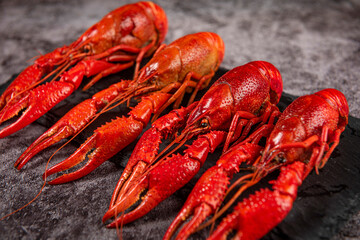 Boiled red crawfish or crayfish  on table