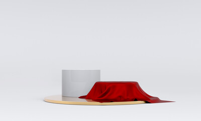 Podium, pedestal or platform, background for the presentation of cosmetic products. 3d rendering of the podium. Empty podium for product presentation. A pedestal covered with a festive fabric.