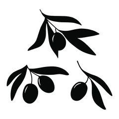 Set of vector hand drawn olive branches isolated on white background. Silhouette olive tree branches for menu, logo, greeting cards, patterns, web.