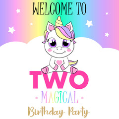 Unicorn cute illustration. Vector card design. Magical birthday party.
