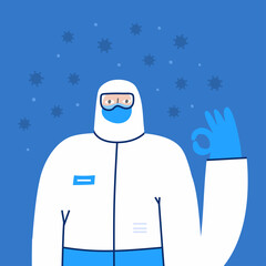 Doctor in medical protective clothing and coronavirus bacteria cells in air. Healthcare worker wearing personal suit, gloves, google glasses, face mask. Covid-19 biohazard safety concept drawn by hand