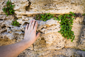 Human hand touch on old weathered laterite wall background