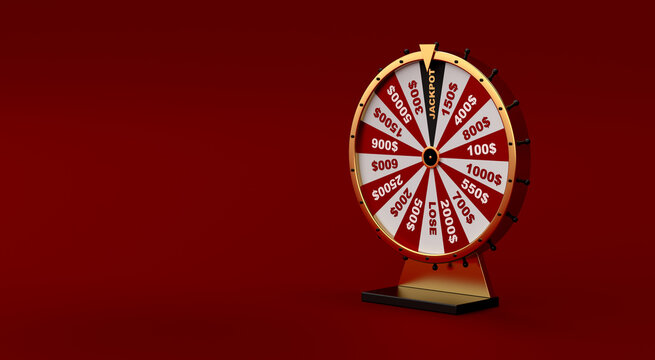 Wheel of fortune on red background for gambling and lottery winning concept. Wheel of fortune to play and win the jackpot. 3d rendering.