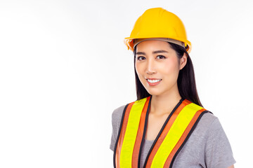 Engineer young worker woman portrait, wear reflective vest and hard hat Labor female look smart with confident Young asian engineer lady get successful of job. isolated on white background, copy space