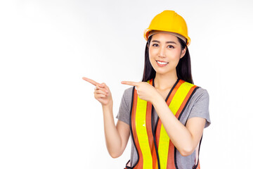 Happy beautiful young worker woman with isolated on white background pointing finger to copy space for insert advertisement Happiness and smiley face Attractive beautiful engineer female portrait