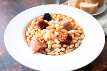 Asturian fabada plate ready to eat. Typical dish of the north of Spain. Food photography