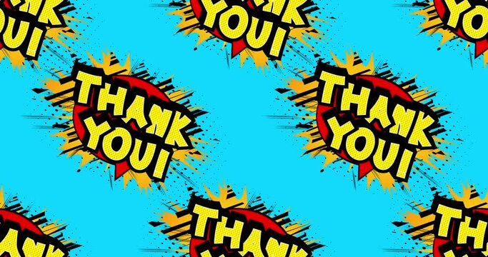 4k animated cartoon with Thank You comic book style text. Gratitude related footage. Greeting card, social media post, and motion poster.