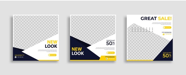 Set of Editable minimal square banner template. Blue yellow white background color with geometric shapes for social media post and web internet ads. Vector illustration	