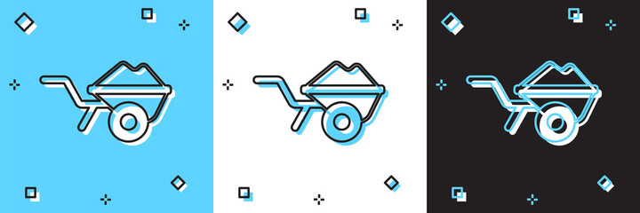 Set Wheelbarrow with dirt icon isolated on blue and white, black background. Tool equipment. Agriculture cart wheel farm. Vector