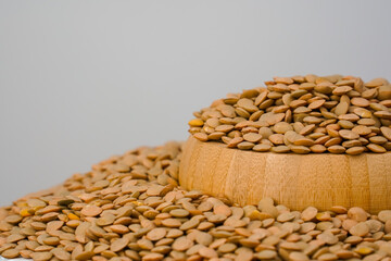   Brown lentils on white background.  Legume family. Paste your text.