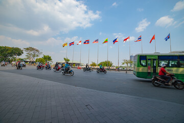 National Flags of ASEAN countries on the city street in Ho Chi Minh wide shot