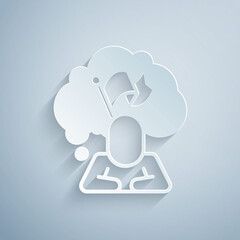 Paper cut Man holding flag icon isolated on grey background. Victory, winning and conquer adversity concept. Paper art style. Vector