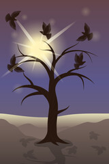 silhouette of a tree and several birds on the background of the sun