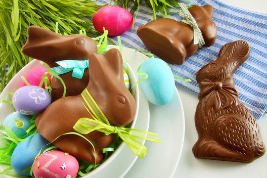 Chocolate Easter bunny and eggs on kitchen counter