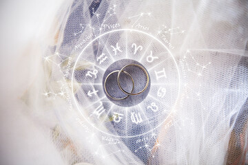 Wedding rings in the background of the image of the zodiac