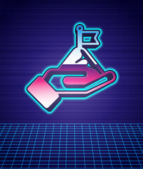 Retro style Mountains with flag on top icon isolated futuristic landscape background. Symbol of victory or success concept. Goal achievement. 80s fashion party. Vector